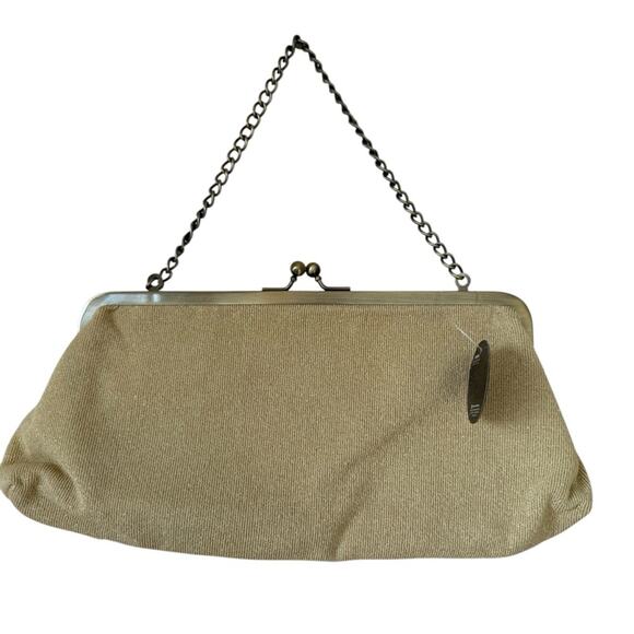 Lulu Yellow Gold Cloth Sparkle Kiss Lock Shoulder Clutch Evening Bag - Picture 2 of 3